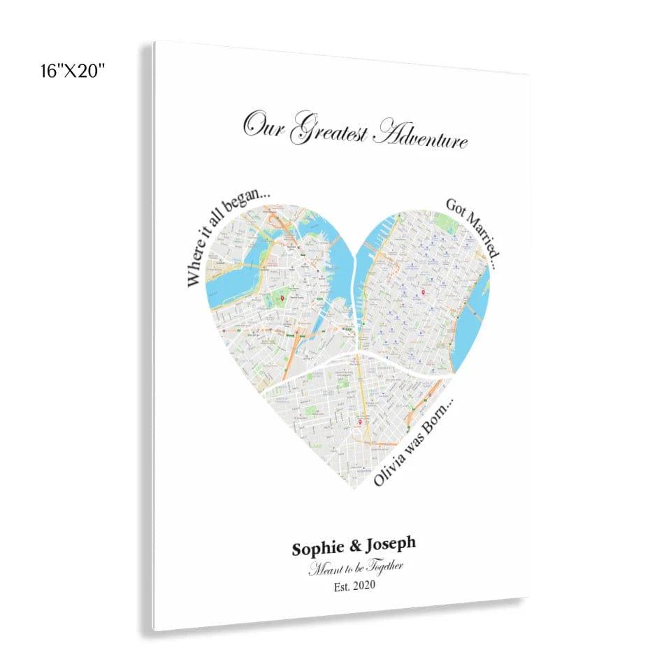 Custom Heart Shaped Triple Location Map - ARTFULANE