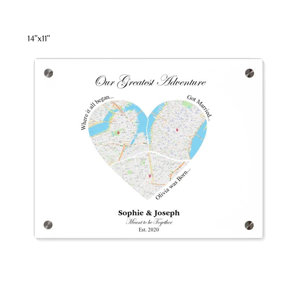 Custom Heart Shaped Triple Location Map - ARTFULANE