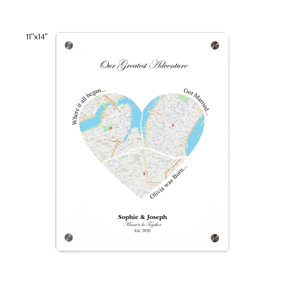 Custom Heart Shaped Triple Location Map - ARTFULANE