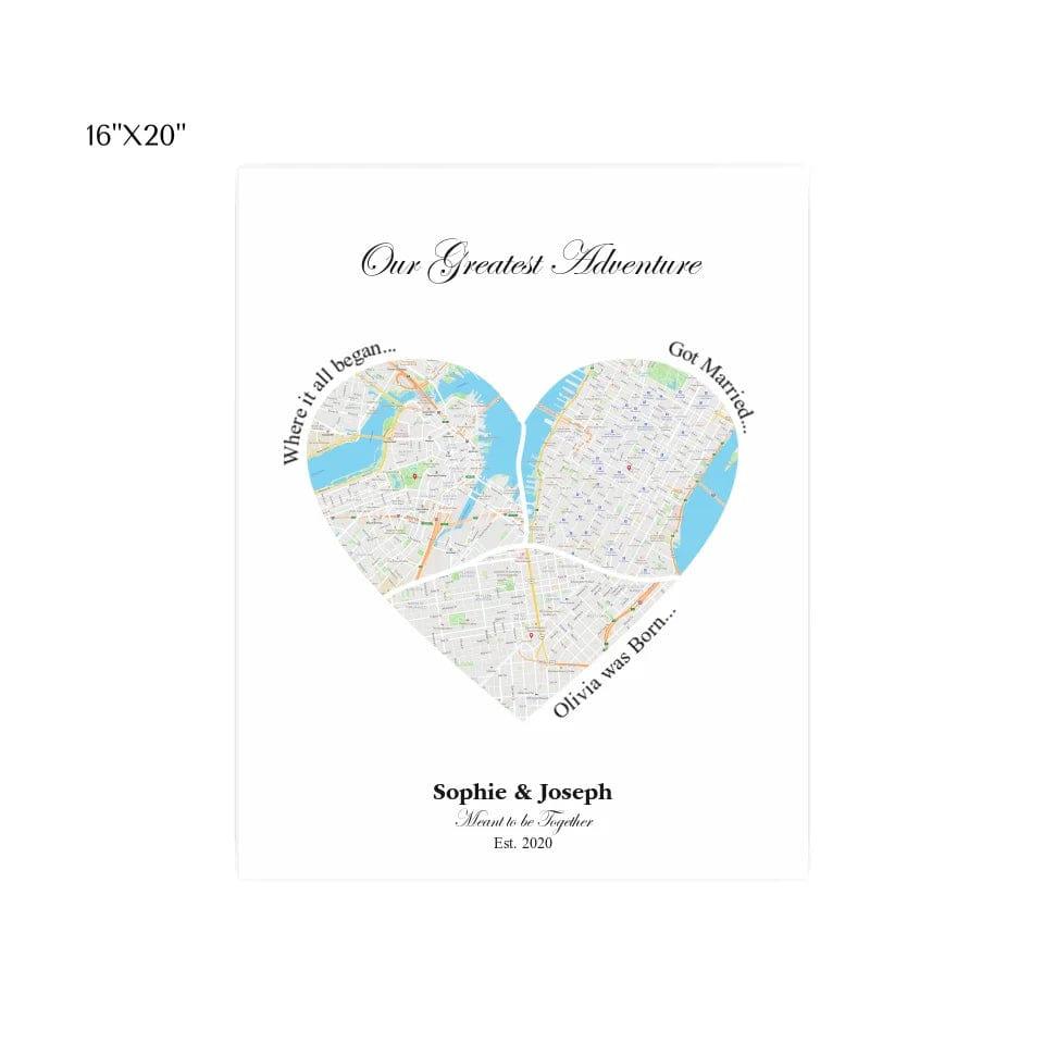 Custom Heart Shaped Triple Location Map - ARTFULANE