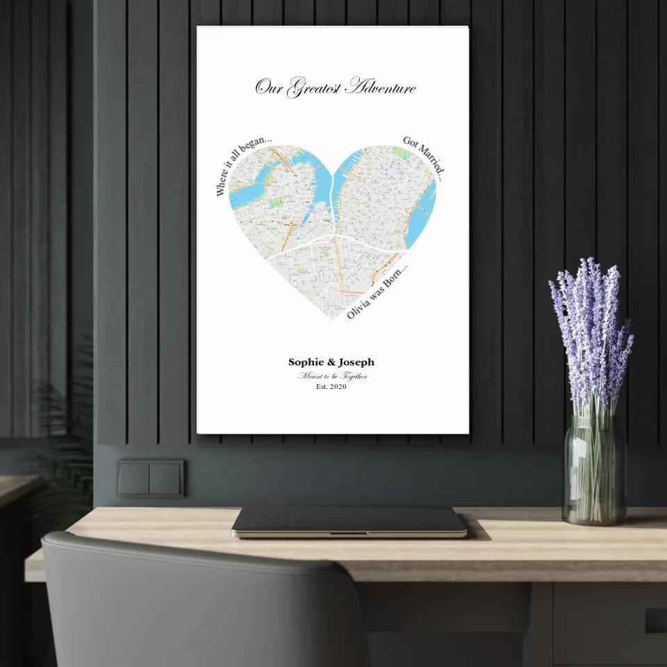 Custom Heart Shaped Triple Location Map - ARTFULANE