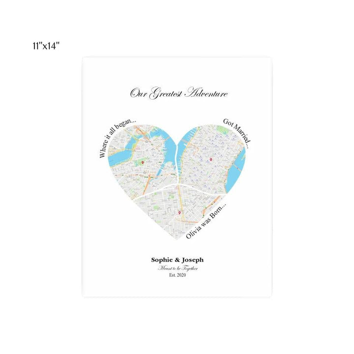 Custom Heart Shaped Triple Location Map - ARTFULANE