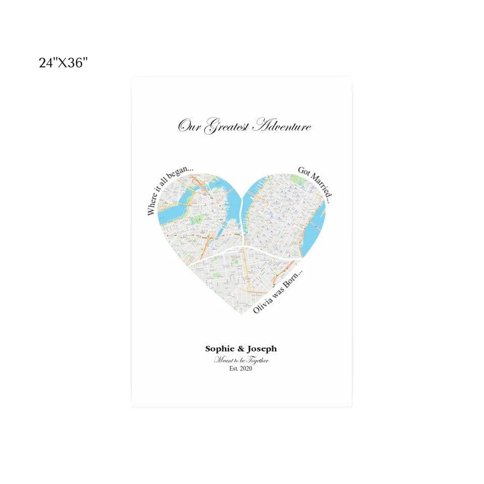 Custom Heart Shaped Triple Location Map - ARTFULANE