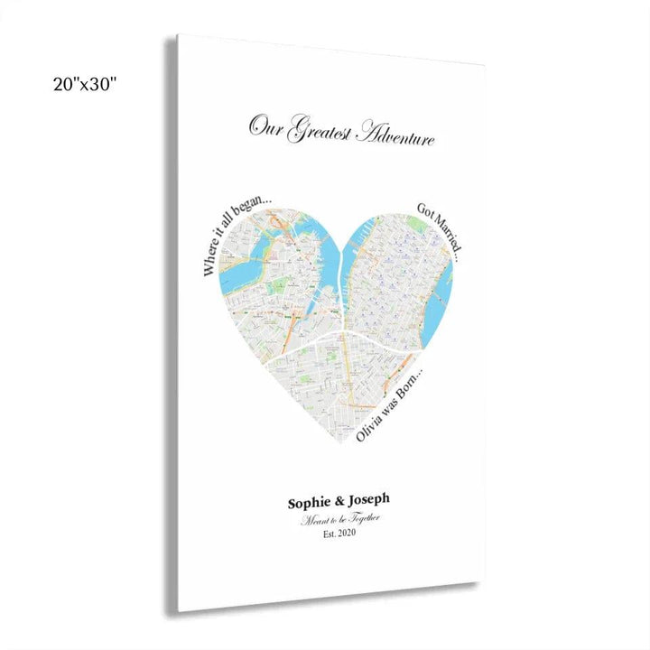 Custom Heart Shaped Triple Location Map - ARTFULANE