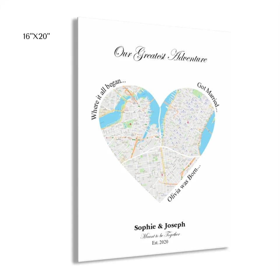 Custom Heart Shaped Triple Location Map - ARTFULANE