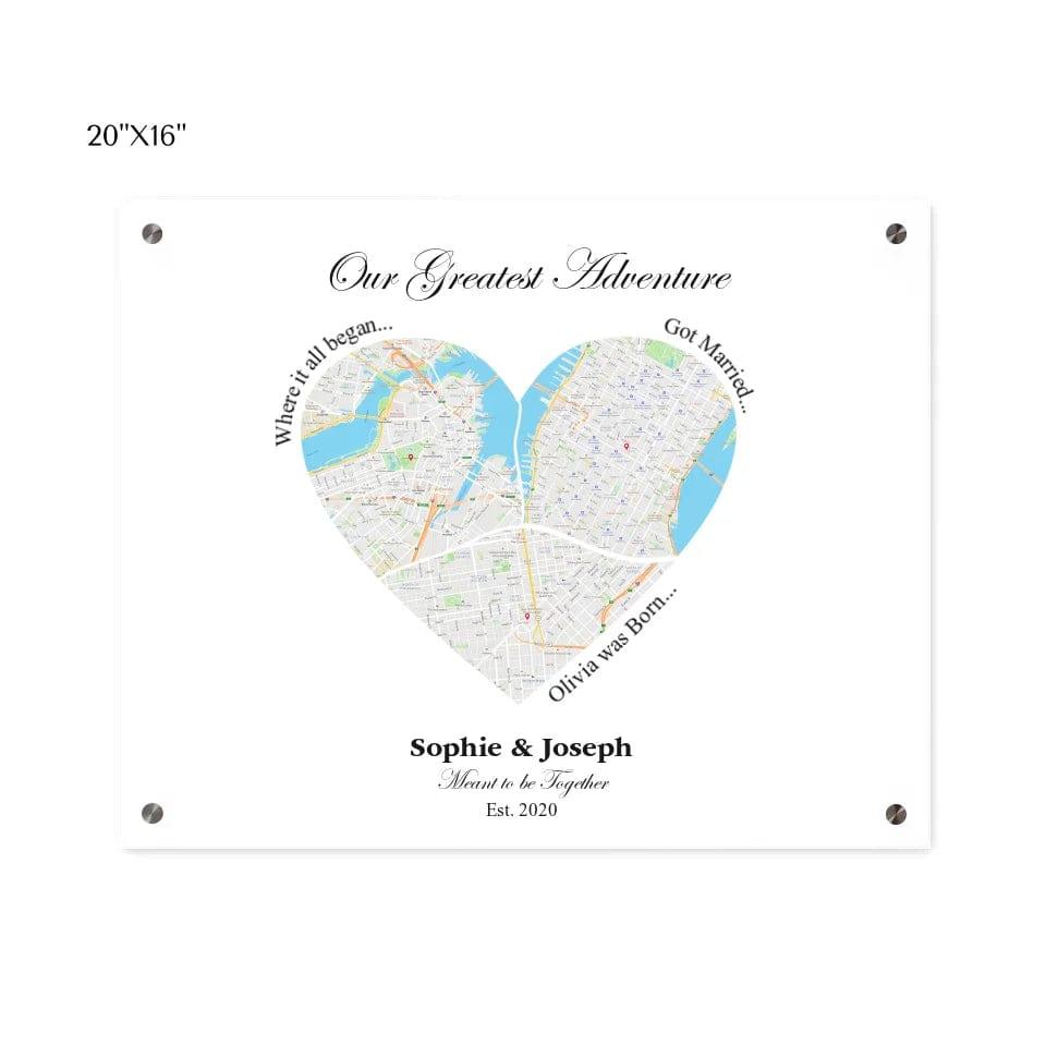 Custom Heart Shaped Triple Location Map - ARTFULANE