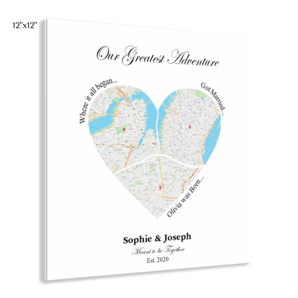 Custom Heart Shaped Triple Location Map - ARTFULANE