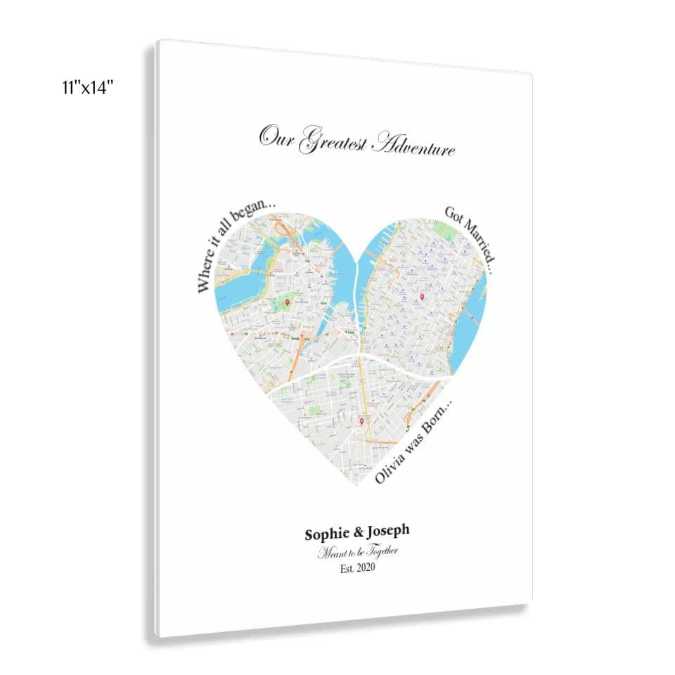 Custom Heart Shaped Triple Location Map - ARTFULANE