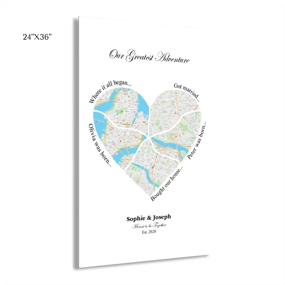 Custom Heart Shaped Five Location Map - ARTFULANE